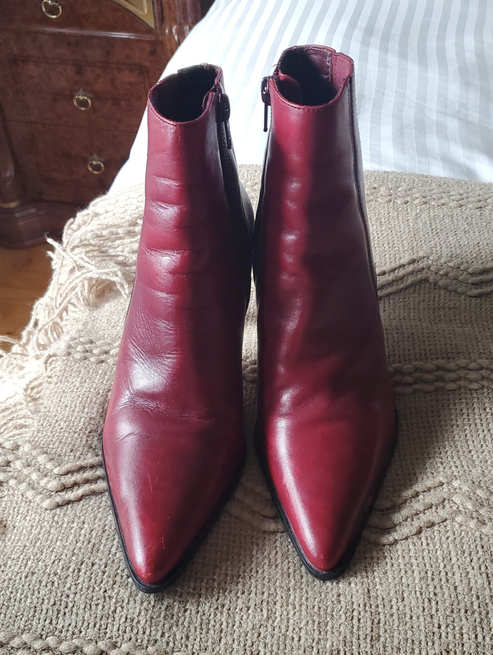 Women's Burgundy Leather Pointed Ankle Booties with Side Zip